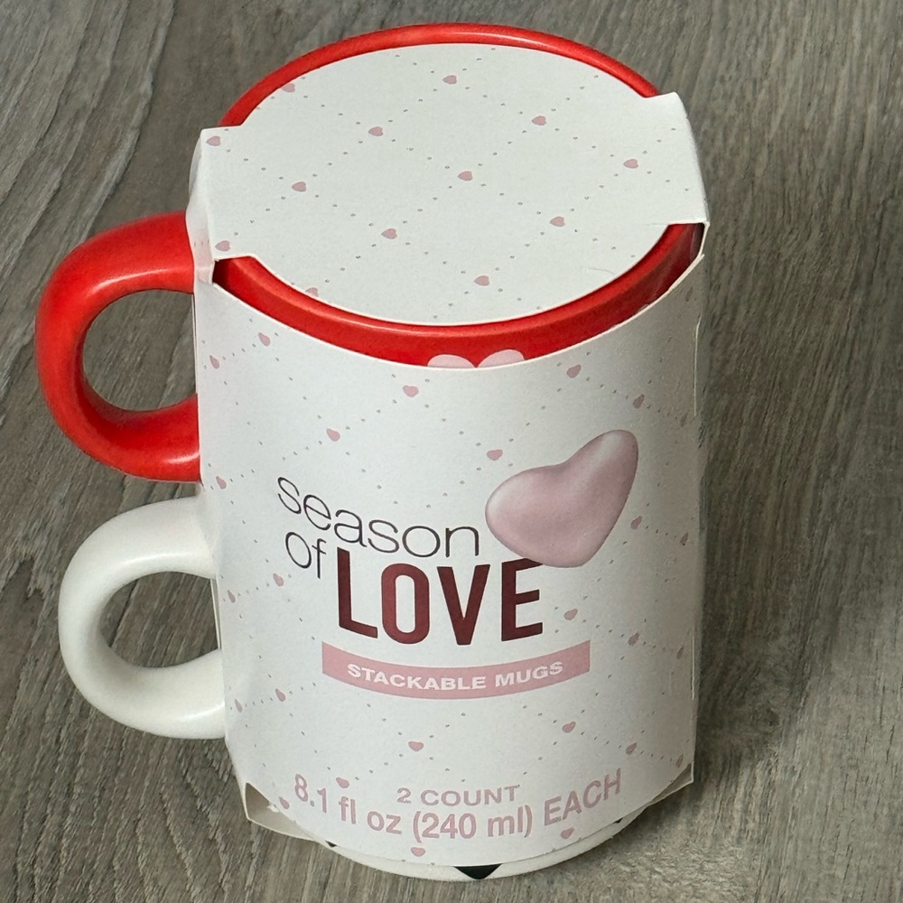 Black white red pink hearts set of 2 mugs stackable